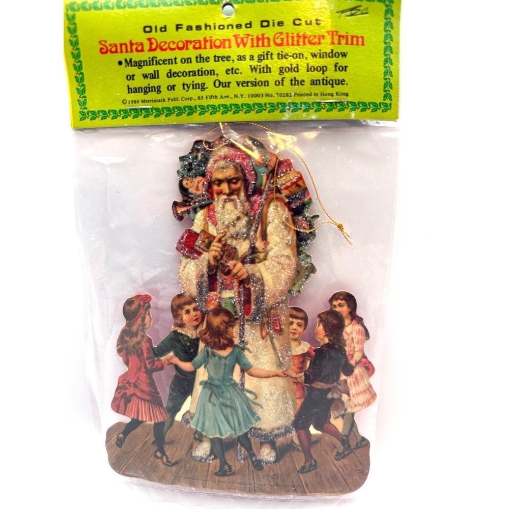 1980 Merrimack Die Cut Santa Hanging Christmas Ornament with Glitter Trim